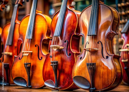 Beautiful Macro Photography of String Instruments: Violin, Viola, Cello, and Double Bass Displaying Intricate Details and Rich Textures for Musical Art Enthusiasts