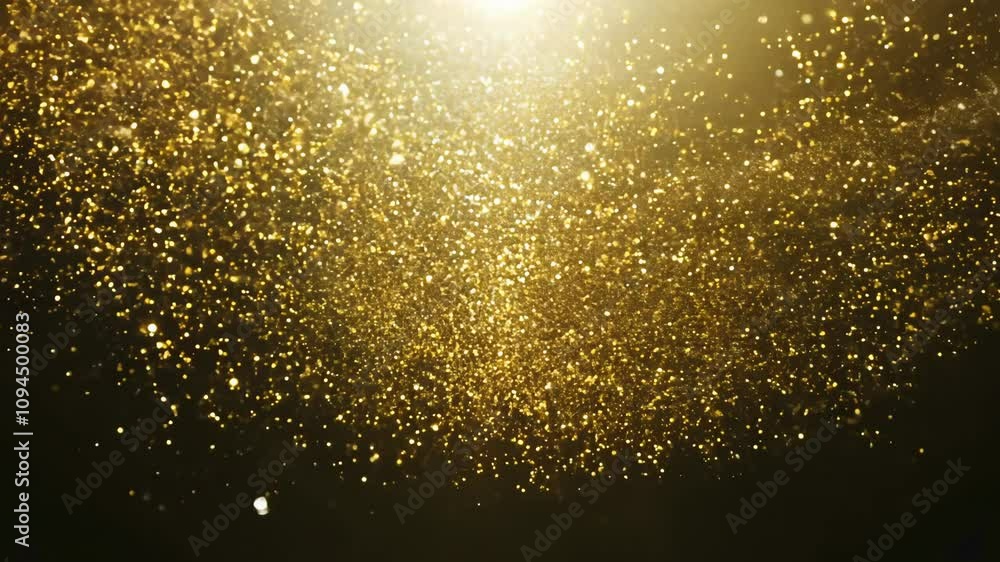 Camera dolly in, dim spotlight, establishing scene. Slow-motion golden particles shimmer as they descend like a delicate shower. Camera dolly in, dim spotlight, establishing scene. Slow-motion golden particles shimmer as they descend like a delicate shower.