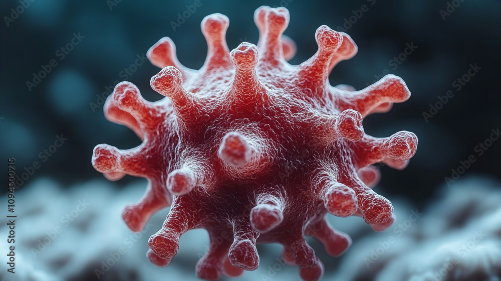 Microscopic view of virus, showcasing its intricate structure and spikes. This highlights importance of understanding viruses in health and science Microscopic view of virus, showcasing its intricate structure and spikes. This highlights importance of understanding viruses in health and science