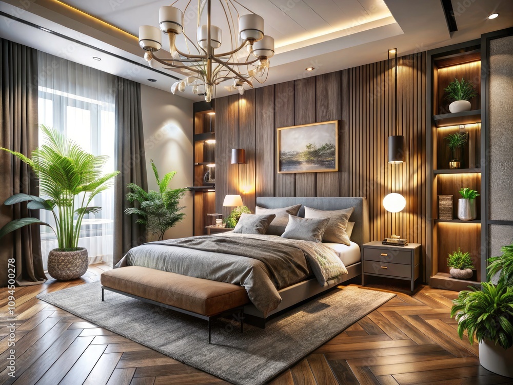 Fototapeta premium Elegant Bedroom Design with Wooden Accents, Cozy Atmosphere, Modern Decor, Warm Lighting, Minimalist Style, Luxurious Bedding, Natural Elements, Inspirational Interiors, Stylish Furniture