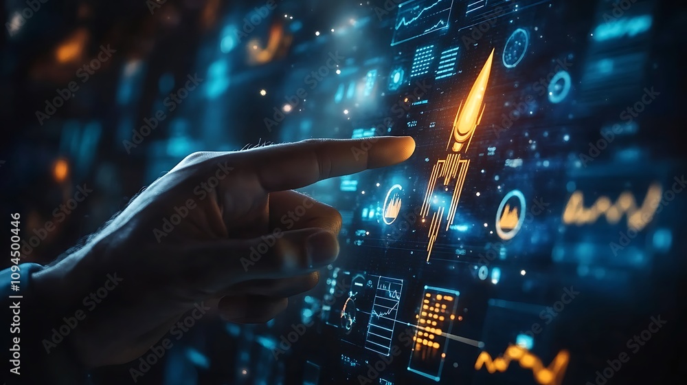 Businessmans hand pointing at a rocket and upward, Glowing rocket symbol hologram Businessmans hand pointing at a rocket and upward, Glowing rocket symbol hologram