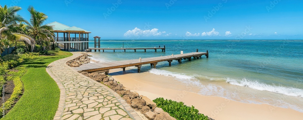 Fototapeta premium A serene beach scene with a wooden pier, clear water, and lush greenery.