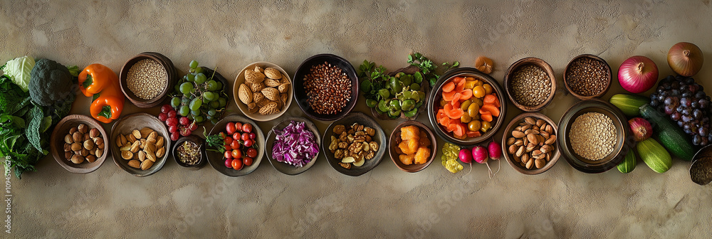 Top-Down View of Colorful Fruits, Vegetables, Nuts, and Seeds Top-Down View of Colorful Fruits, Vegetables, Nuts, and Seeds