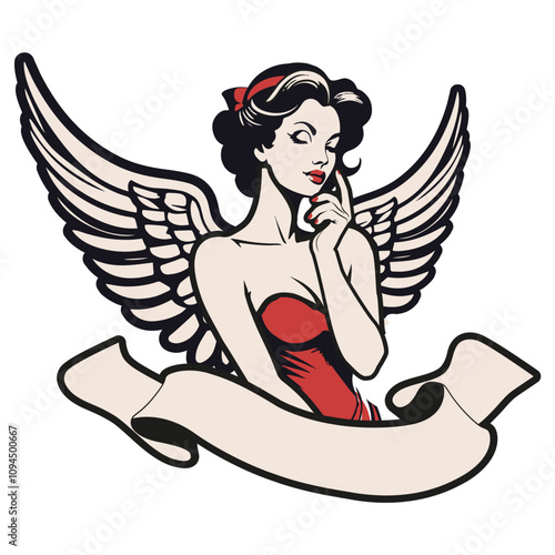 Beautiful pinup girl with angel wings and blank banner for text. Isolated on white background. Emblem symbol of love and Valentine's Day.