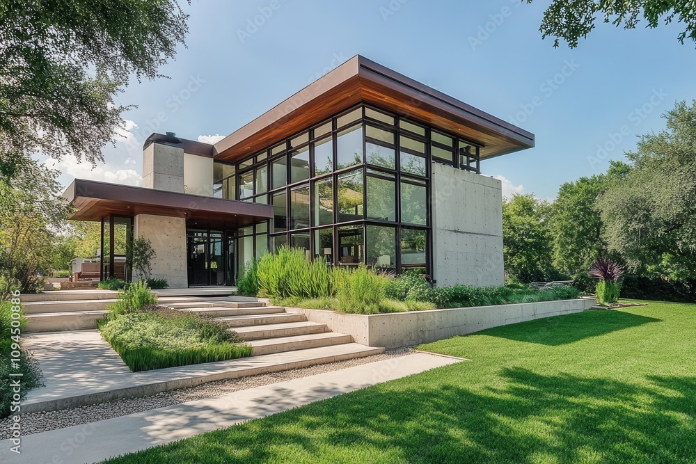 Modern house with large glass windows and landscaped surroundings. Modern house with large glass windows and landscaped surroundings.