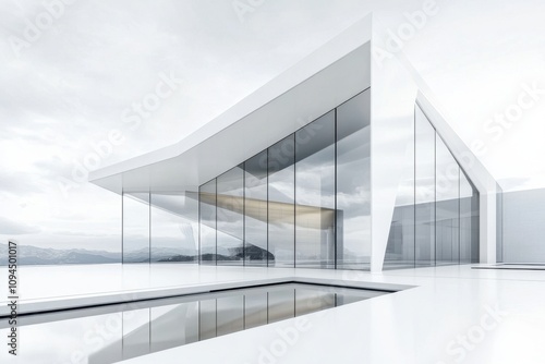 A modern architectural design featuring large glass panels and a sleek  minimalist aesthetic.
