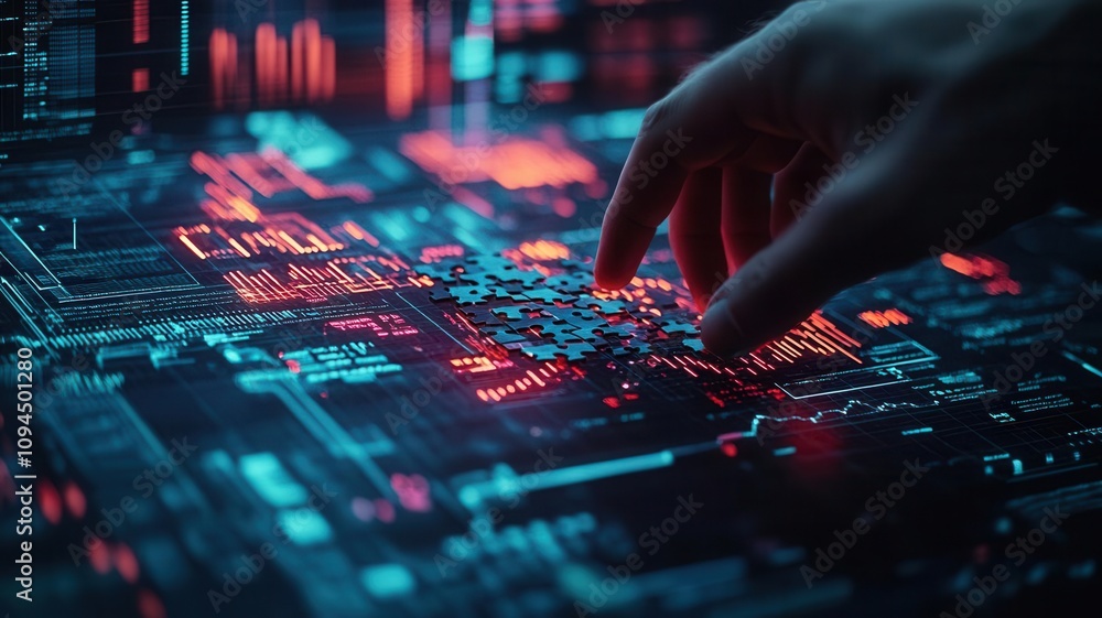 Investor using a futuristic interface to solve a digital portfolio puzzle dynamic strategy visualization Investor using a futuristic interface to solve a digital portfolio puzzle dynamic strategy visualization