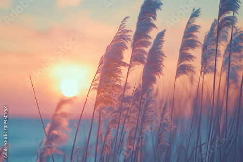 Schilfrohr bei Sonnenuntergang in Pastellfarben
