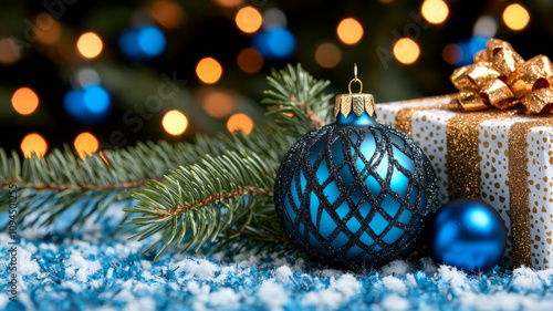 festive blue Christmas ornament with gift and pine branches