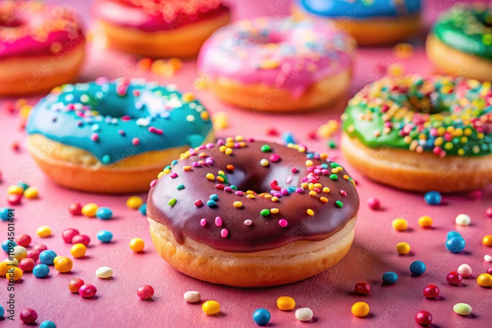 Delightful Glazed Donuts with Colorful Sprinkles on a Soft Pink Background for a Sweet Treat Inspired Photo Delightful Glazed Donuts with Colorful Sprinkles on a Soft Pink Background for a Sweet Treat Inspired Photo