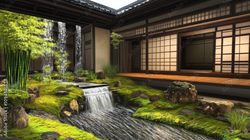 Obraz premium Tranquil Japanese garden with water features and traditional architecture.