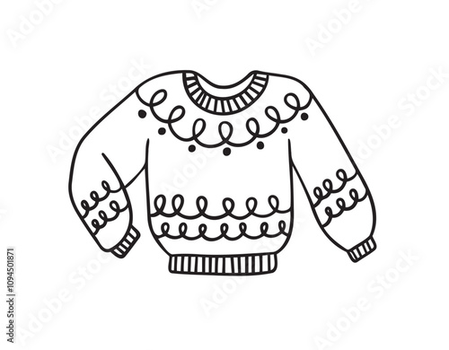 Warm hand drawn knitted sweater with a pattern icon. Doodle warm winter clothes. cozy winter, fall doodle pullover.