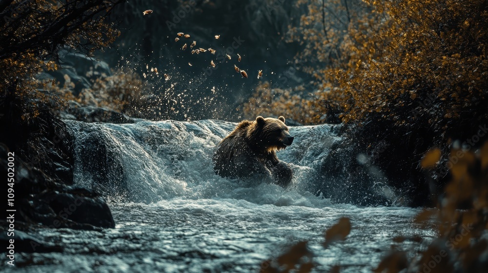 Fototapeta premium A breathtaking shot of a bear catching salmon in a river, showcasing raw wildlife action.