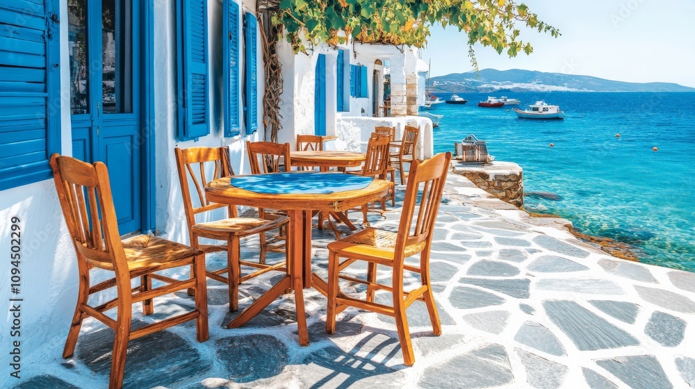 Fototapeta premium Coastal Village with Whitewashed Buildings by Sea