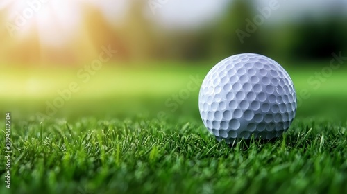 Sunkissed golf ball on vibrant green grass, a perfect summer sports scene golf