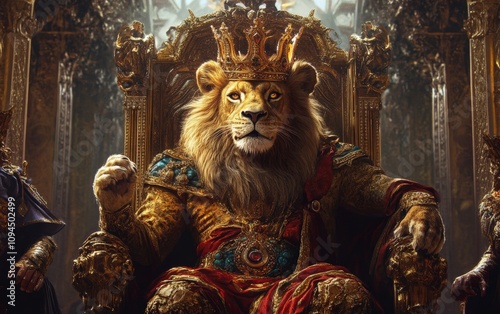 Lion as a King An anthropomorphic lion wearing a regal crown and robe, seated on a luxurious throne in an ornate royal hall photo