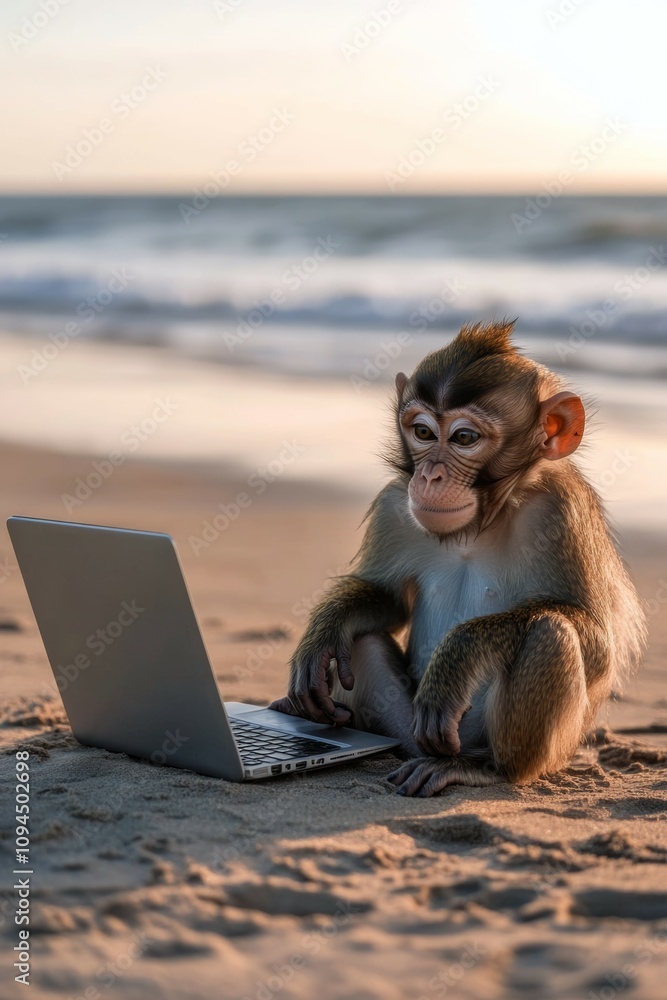 Naklejka premium Monkey using a laptop on a beach at sunset