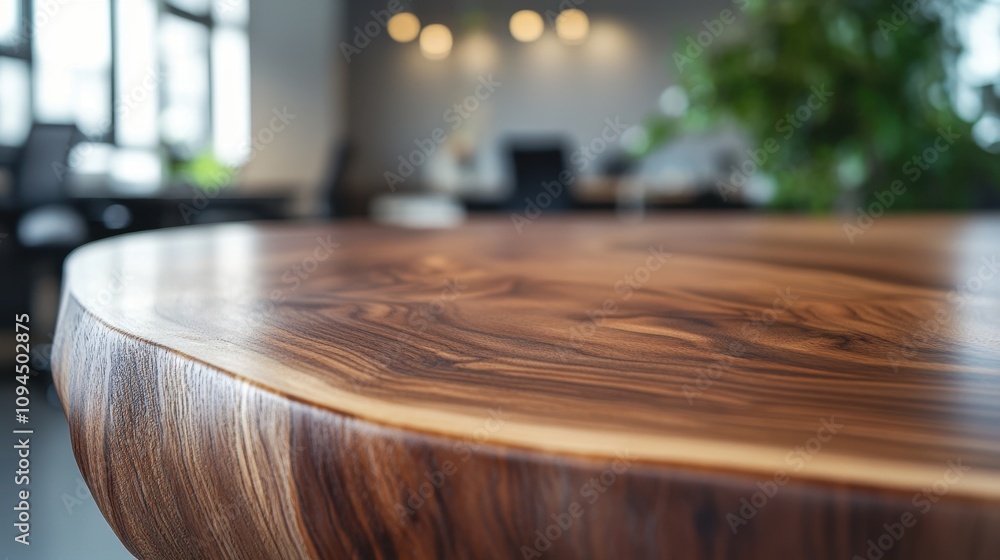 Close-up of a polished wooden table in a modern office setting. Close-up of a polished wooden table in a modern office setting.
