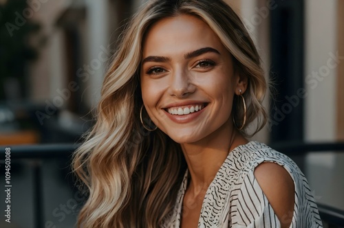 Smiling young woman with blonde hair, stylish earrings, and natural makeup in a casual outdoor setting, perfect for influencer and social media content. Beautiful and young instagram and tiktok dancer