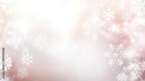 Blurred snowflakes falling in the sky with a dreamy pastel background, wide panorama for Christmas and New Year concepts, soft focus winter landscape with bokeh forest.