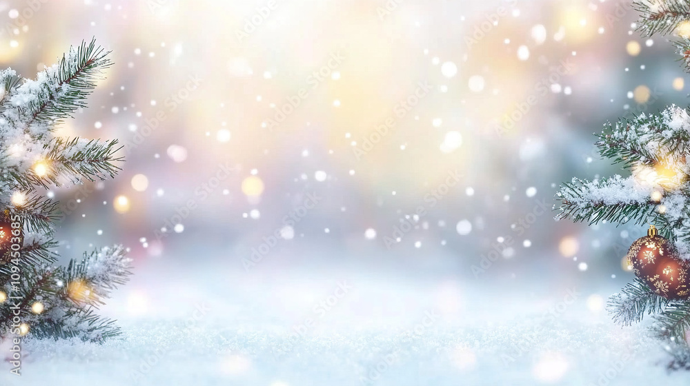 Blurred snowflakes falling in the sky with a dreamy pastel background, wide panorama for Christmas and New Year concepts, soft focus winter landscape with bokeh forest. Blurred snowflakes falling in the sky with a dreamy pastel background, wide panorama for Christmas and New Year concepts, soft focus winter landscape with bokeh forest.