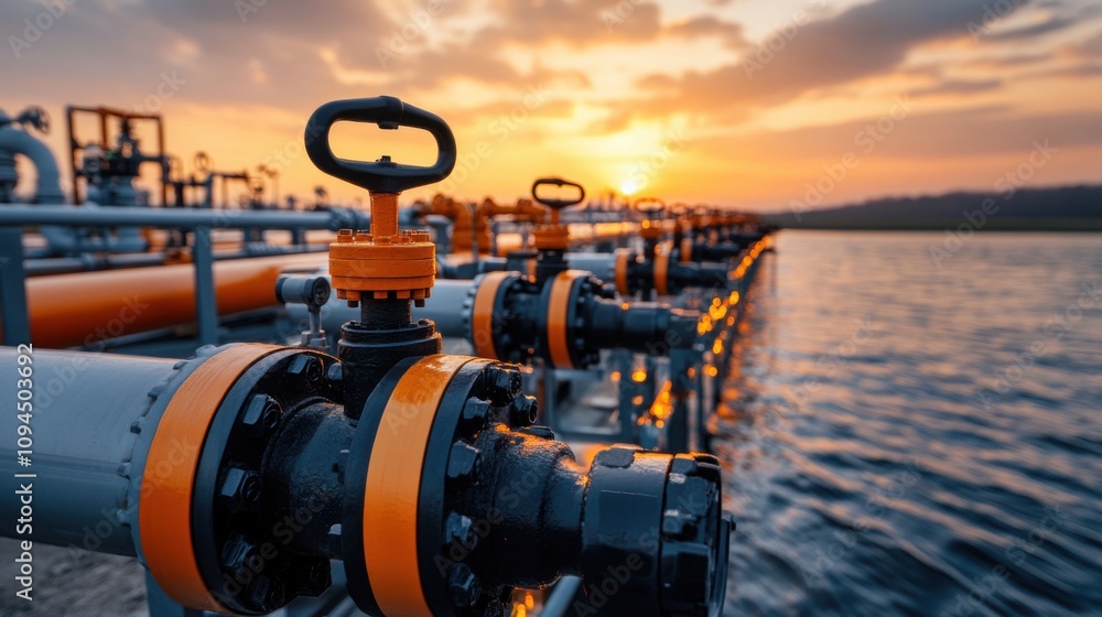 Industrial Pipeline and Valve System at Sunset Over Body of Water with Vibrant Sky, Capturing the Essence of Energy and Infrastructure in a Serene Landscape Industrial Pipeline and Valve System at Sunset Over Body of Water with Vibrant Sky, Capturing the Essence of Energy and Infrastructure in a Serene Landscape