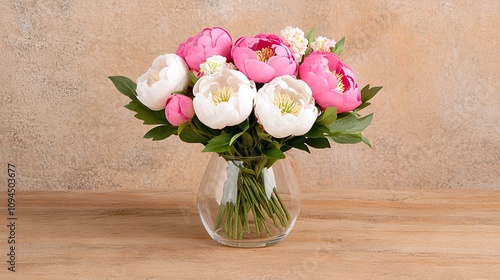 Wallpaper Mural Delicate peony bouquet in soft pink and white hues resting on a rustic wooden surface Torontodigital.ca