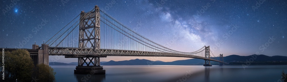 A stunning nighttime view of a bridge under a starry sky with a reflection on the water. A stunning nighttime view of a bridge under a starry sky with a reflection on the water.