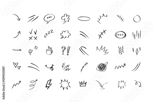 Doodle hand drawn cute cartoon expression sign. Line curve arrows, emoticon elements, symbols