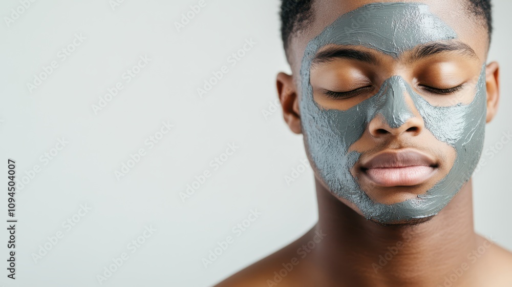 A young man with blue clay face mask on his face, eyes closed, against a teal background, reflecting relaxation and skincare. A young man with blue clay face mask on his face, eyes closed, against a teal background, reflecting relaxation and skincare.