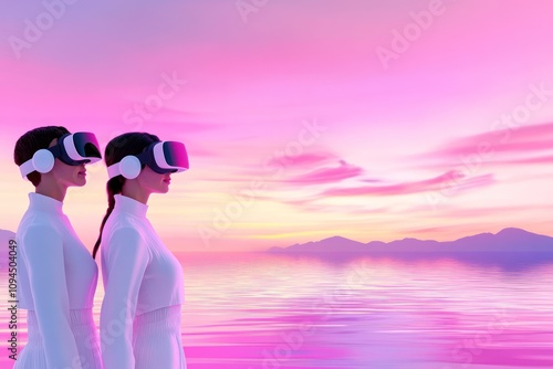 Twin figures embrace a virtual pink sunset ocean view. photo