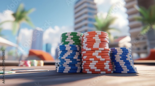 High Stakes Poker Game by the Pool, Stacks of Casino Chips in a Luxurious Resort Setting