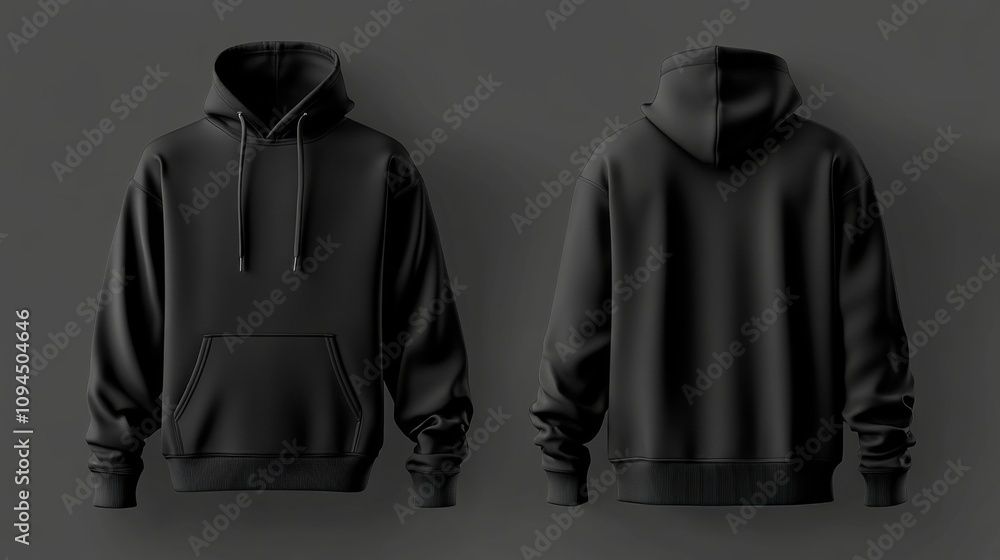 Black hoodie mockup shown from front and back view for clothing presentations Black hoodie mockup shown from front and back view for clothing presentations