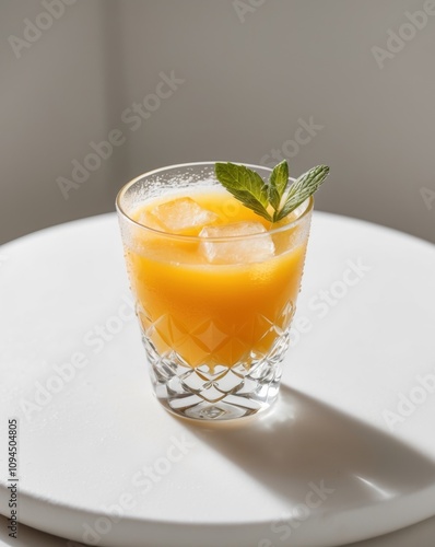 A glass of orange juice with ice and a sprig of mint sits on a white surface.