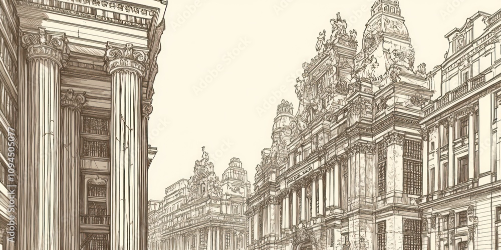 Obraz premium Detailed architectural illustration of grand buildings with columns and ornate designs.