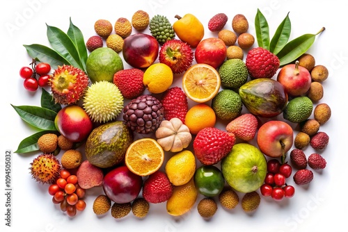 Aerial View of Mazao Fruits Isolated on White Background, Showcasing Bright Colors and Varied Textures, Perfect for Food and Nutrition Themes in Stock Photography photo