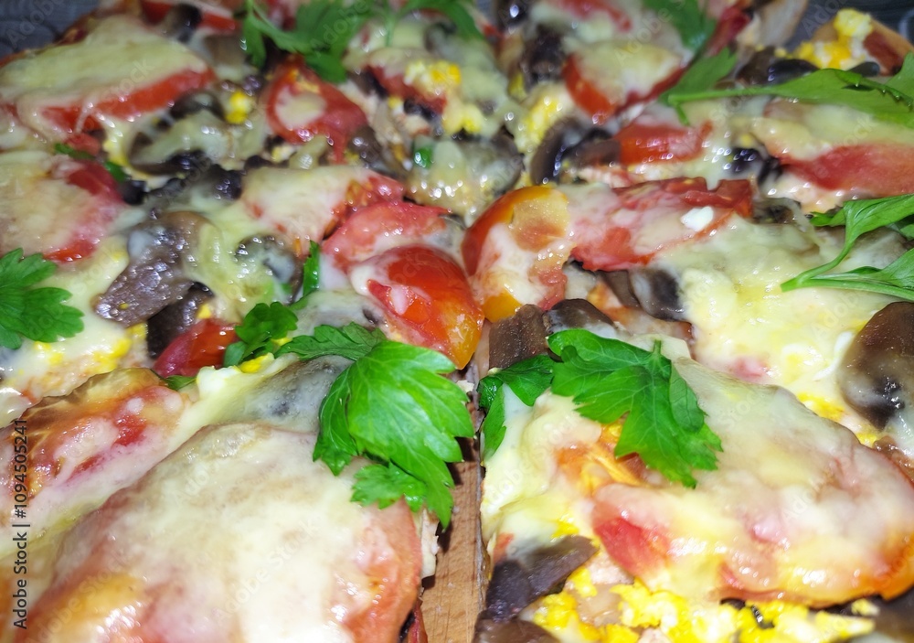 Hot valuable with meat, vegetables, cheese and fresh greens. Cut into pieces Hot valuable with meat, vegetables, cheese and fresh greens. Cut into pieces