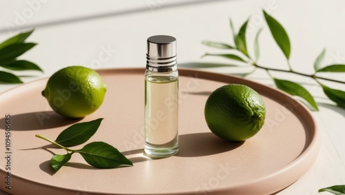 A bottle of essential oil is on a wooden surface with a few limes and leaves. photo