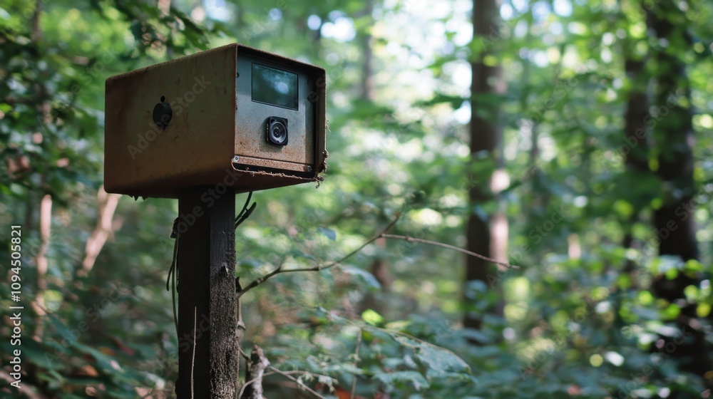 A forest camera trap with AI software identifying species and cataloging their movements. A forest camera trap with AI software identifying species and cataloging their movements.