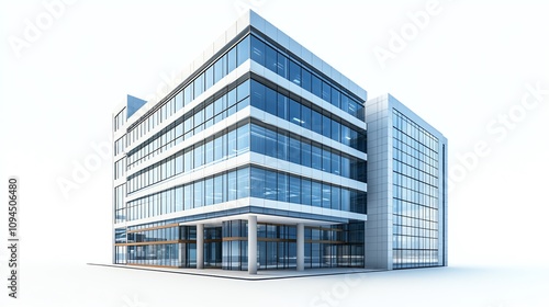 Modern glass office building with a white background.