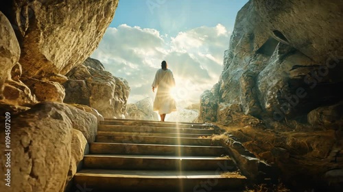 Jesus Christ risen emerging from tomb into heavenly light easter 4k video