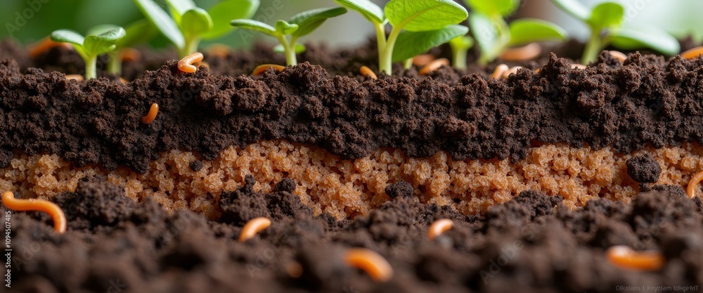 Fototapeta premium Rich Soil and Potting Mix Close-Up, Thriving Plant Growth Support, Nature's Nutrient-Rich Ecosystem, Ideal for Gardening and Horticulture