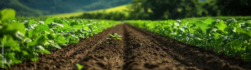 Lush green crops grow in well-tended rows on fertile farmland under a clear blue sky, showcasing the beauty of agriculture. Lush green crops grow in well-tended rows on fertile farmland under a clear blue sky, showcasing the beauty of agriculture.