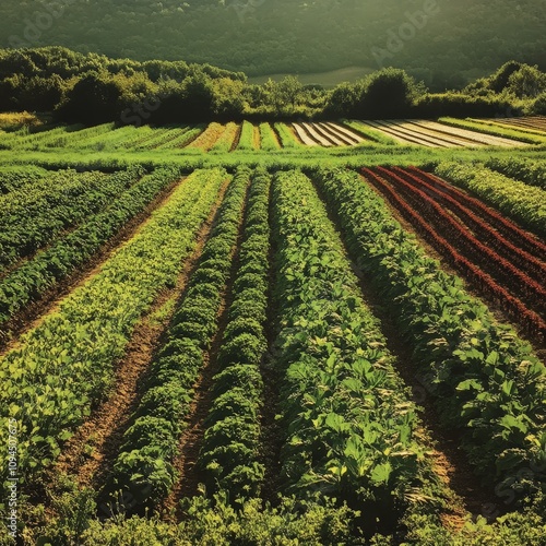 Lush green fields showcasing rows of vibrant crops under soft sunlight, perfect for agricultural and nature-themed projects. photo