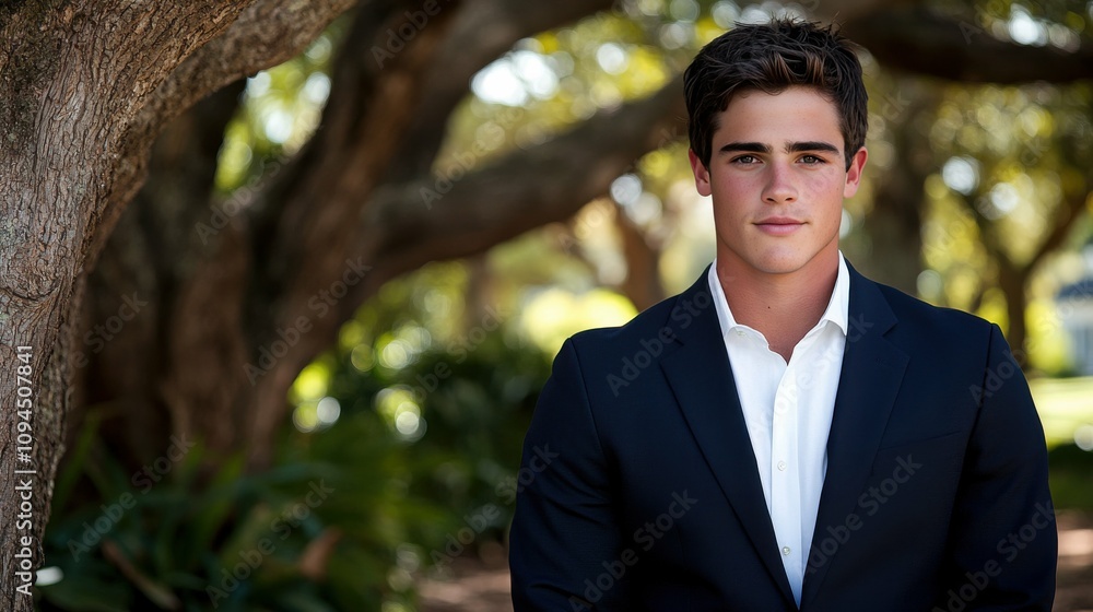 A young man stands confidently in formal attire, surrounded by greenery in a scenic garden. The sunlight filters through the trees, creating a serene atmosphere A young man stands confidently in formal attire, surrounded by greenery in a scenic garden. The sunlight filters through the trees, creating a serene atmosphere