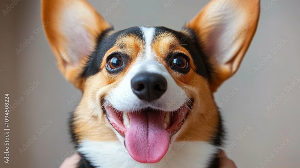 A cheerful corgi displays a wide smile and bright eyes while being held by a person indoors. The soft background enhances the corgi's adorable features and playful demeanor A cheerful corgi displays a wide smile and bright eyes while being held by a person indoors. The soft background enhances the corgi's adorable features and playful demeanor