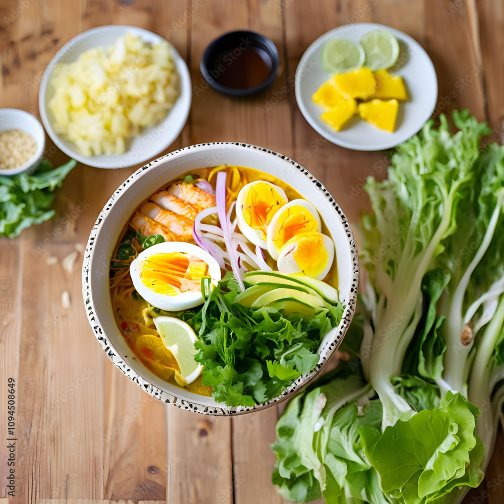 Asian fish laksa With half boiled eggs Asian fish laksa With half boiled eggs