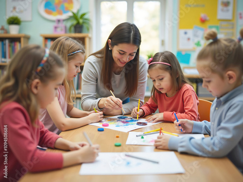 Wallpaper Mural Teacher helping group of students drawing with colorful crayons in kindergarten Torontodigital.ca