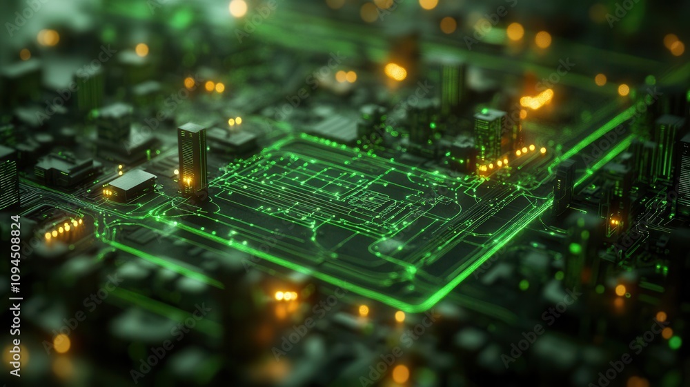 Eco-friendly cityscape with glowing smart grids and green transportation networks sustainability-focused design Eco-friendly cityscape with glowing smart grids and green transportation networks sustainability-focused design