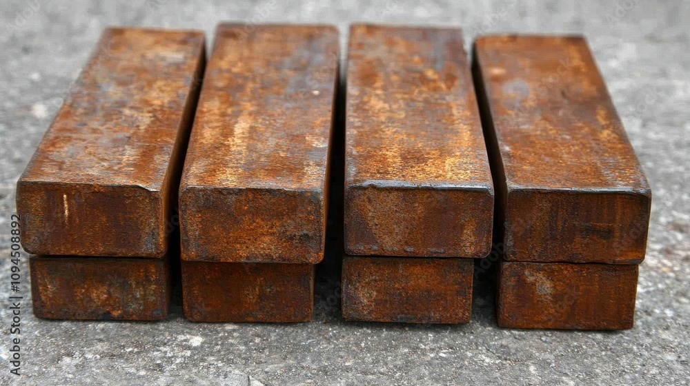 Five weathered metal bars, showing rust and wear, are neatly arranged side by side on a gray concrete surface illuminated by soft natural light, hinting at their industrial past Five weathered metal bars, showing rust and wear, are neatly arranged side by side on a gray concrete surface illuminated by soft natural light, hinting at their industrial past